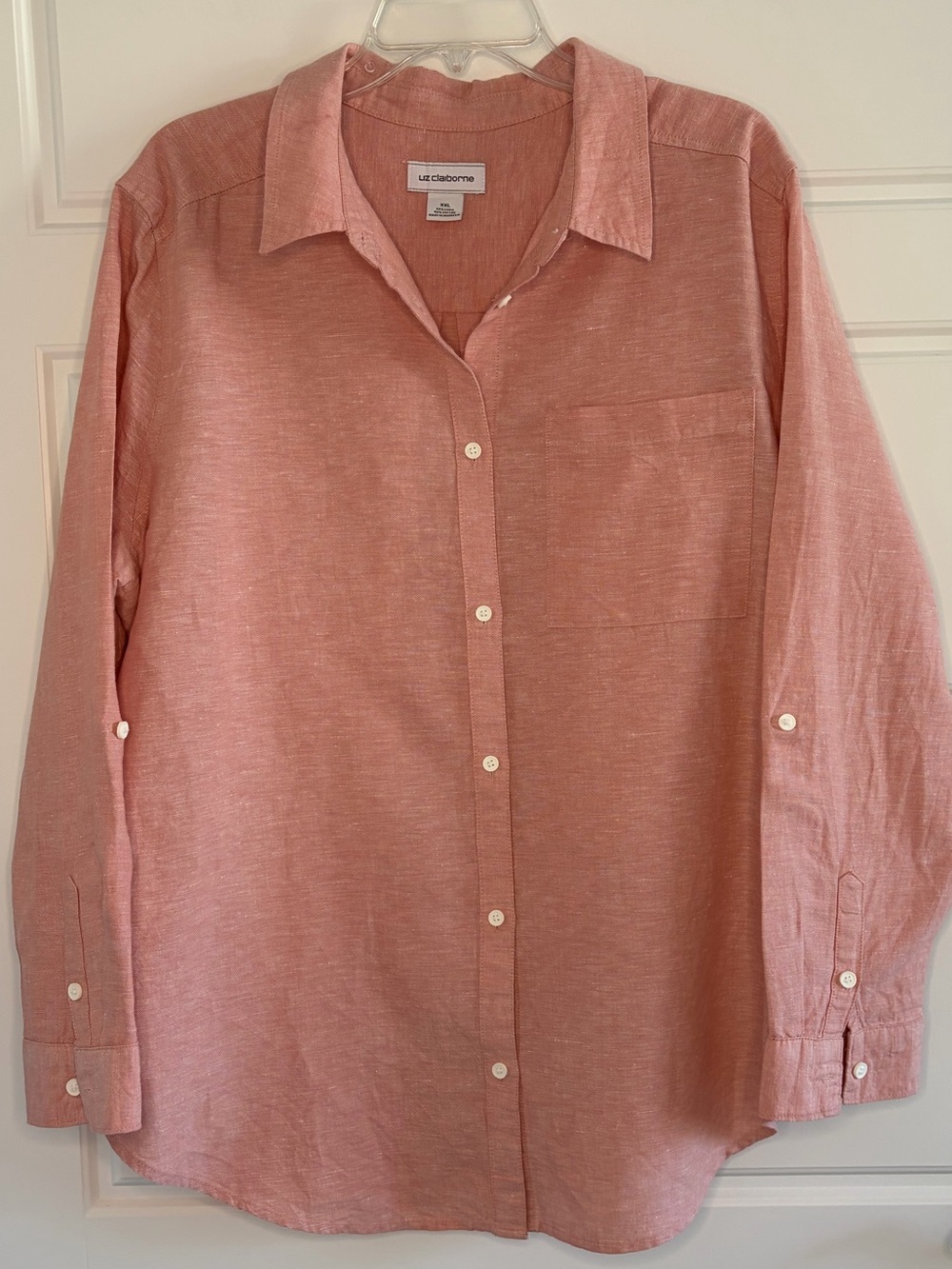 Liz Claiborne Linen Blend Button Up Shirt Roll Tab Sleeves Size XXL Coastal Chic